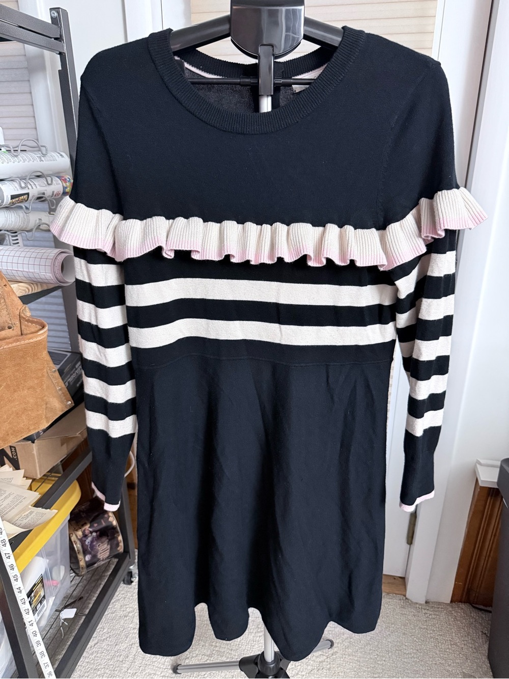 1901 Black & White Striped Knit midi Dress Pink cream Ruffle Trim size 1X